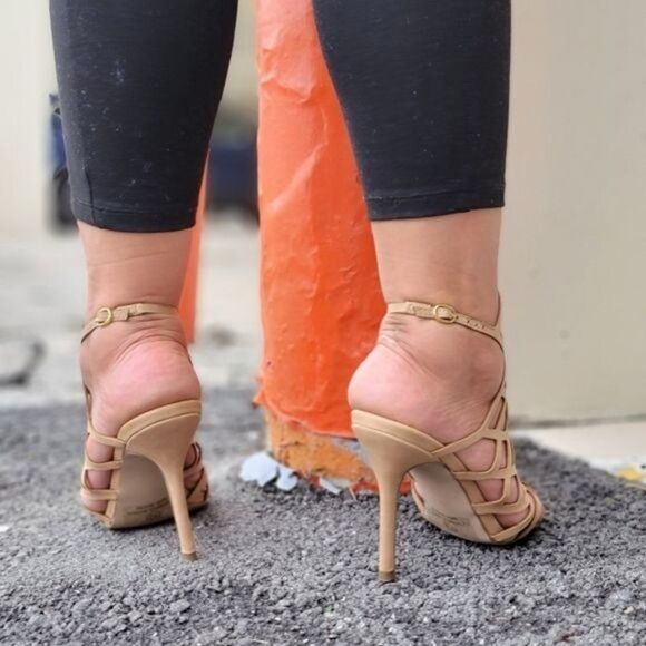 Women's Slingback Stiletto Sandal Peep Toe Hollow Beige Color - Picture 4 of 4